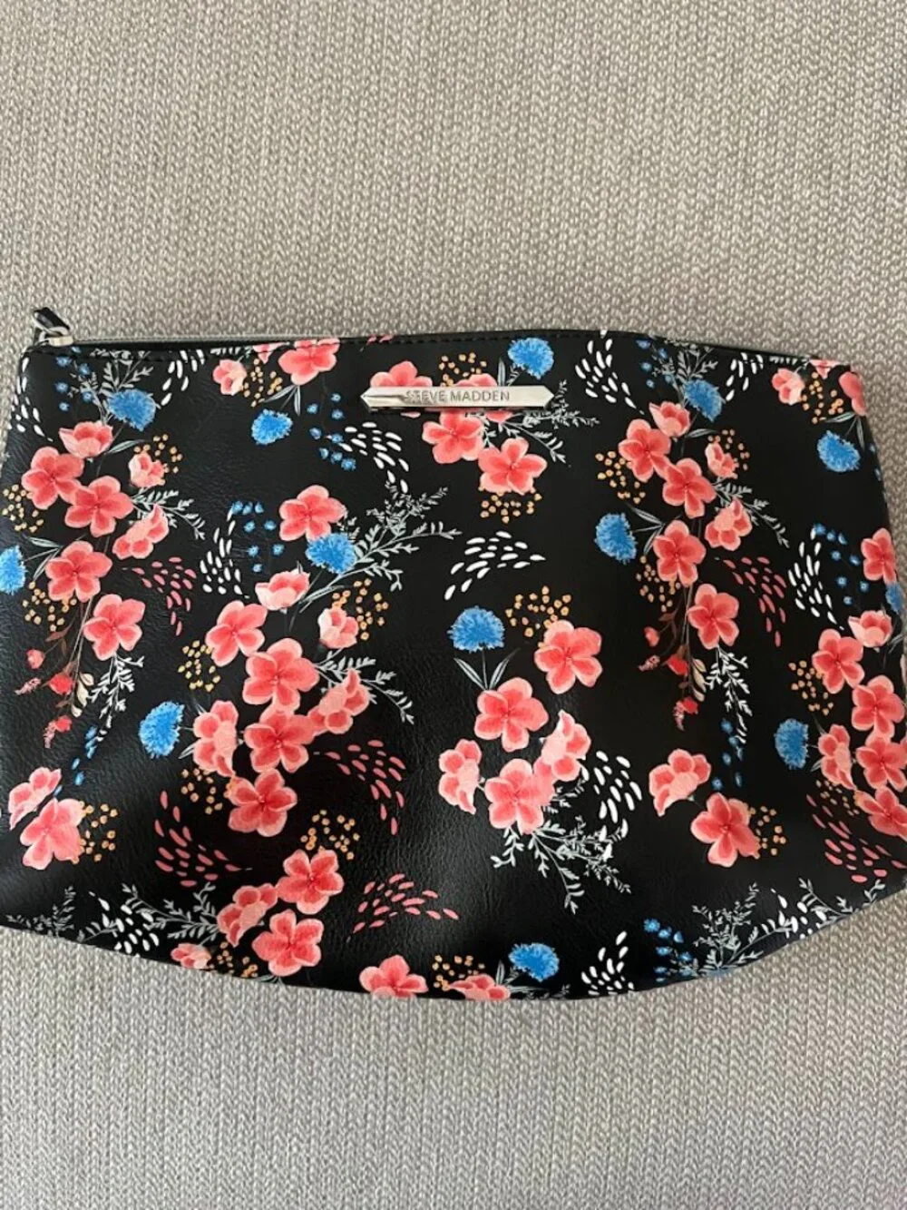 Steve Madden Pink Blue Floral Cosmetic Travel Pouch Top Zip Bag